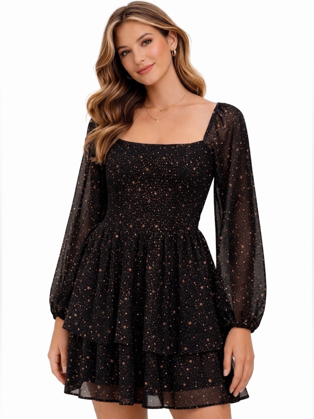 Entro Black Gold Speckle‎ Romper Dress Large Smocked Sheer Sleeve Party
